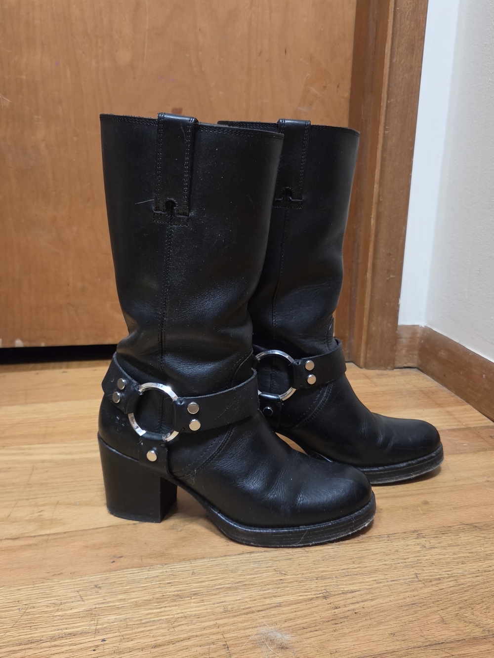 Frye Jean Harness Black Leather Mid-Calf Heeled Boots
